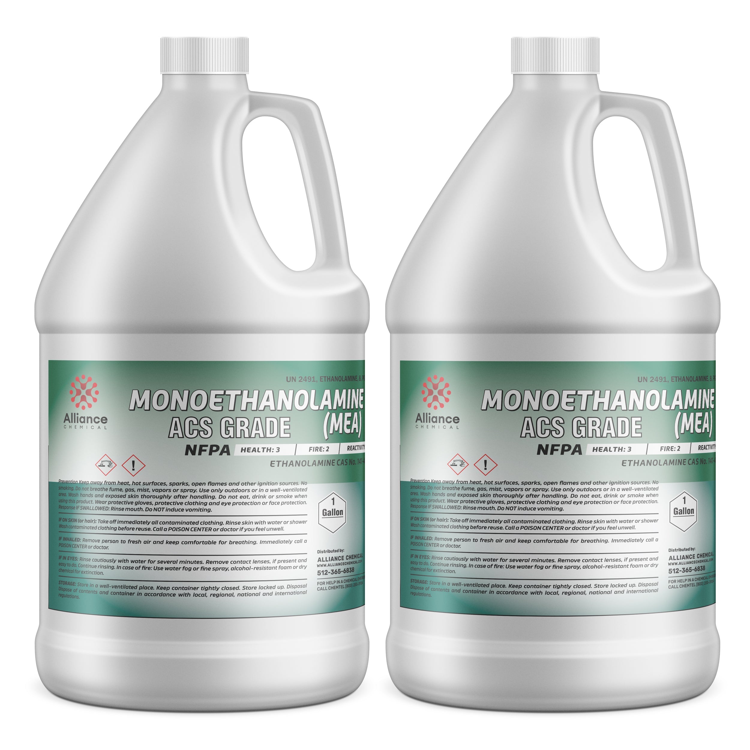 2-gallon HDPE jugs of ACS grade Monoethanolamine (MEA) with NFPA hazard diamond, UN2491 classification, and Alliance Chemical branding.